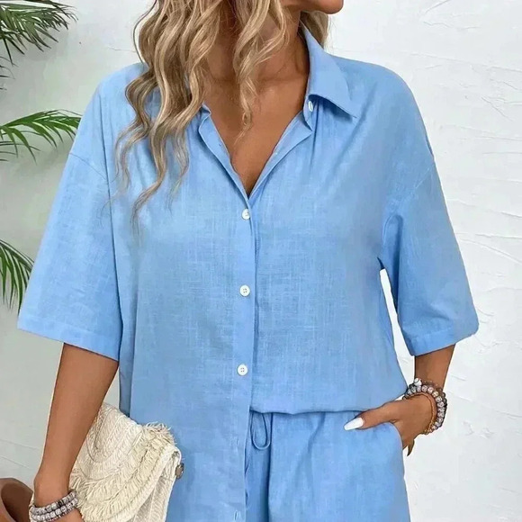 Blue Casual Women's Vacation Solid Color Drop-Shoulder Shirt And Shorts Set - Picture 7 of 7